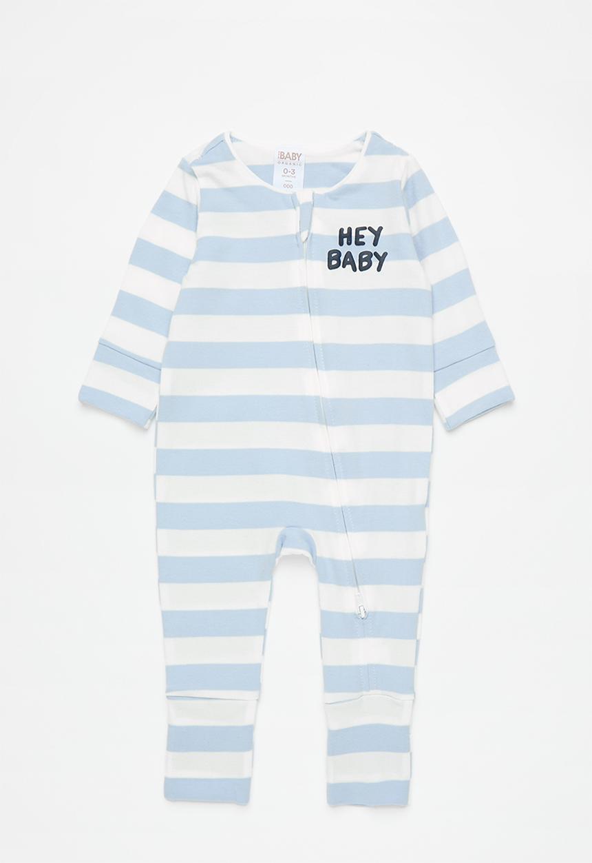 Cotton On - The long sleeve zip romper - dawn blue/hey baby rugby stripe
