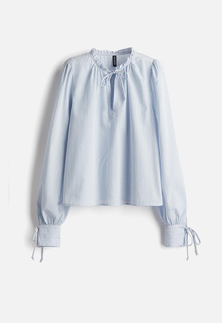 H&M - Tie-detail cotton blouse - light blue pinstriped 