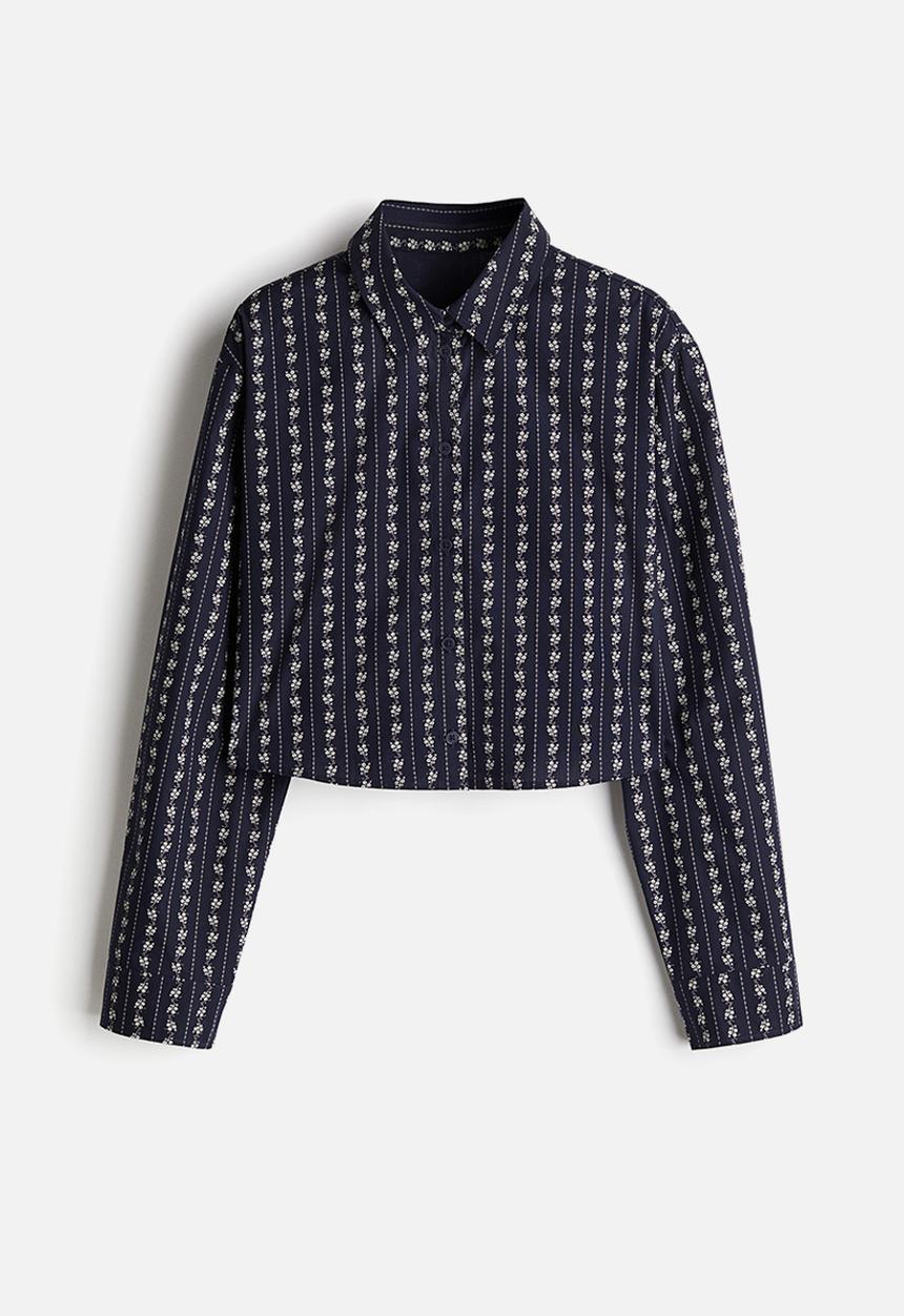H&M - Cropped tie-detail shirt - navy blue floral