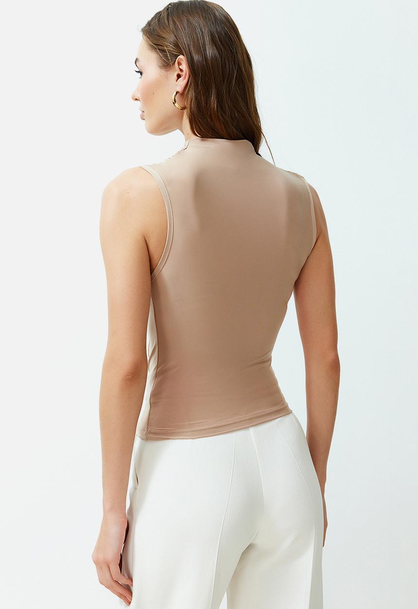 Trendyol - Zero sleeve gathered formal stretch knitted top - beige