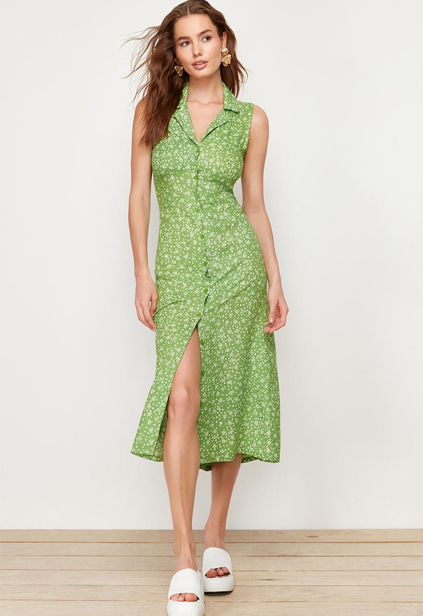 Trendyol - Floral viscose midi woven dress - green
