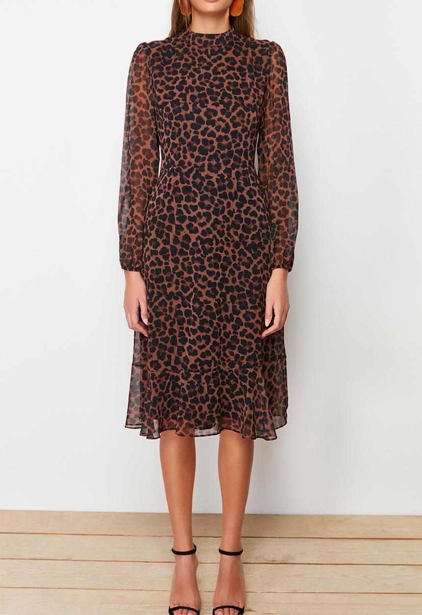 Trendyol - Stand collar flounce skirt chiffon woven winter dress - camel