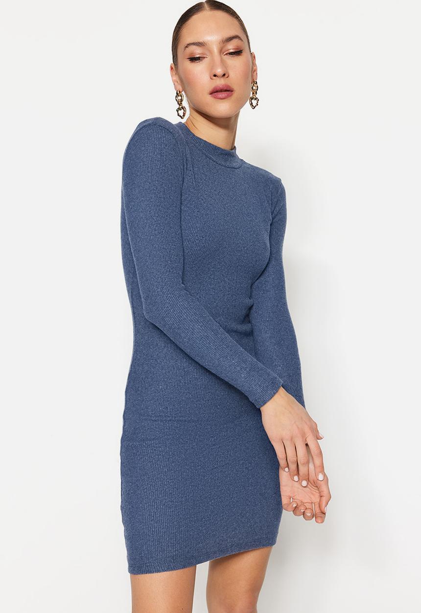 Trendyol - Mini half turtleneck ribbed stretch knit dress - indigo