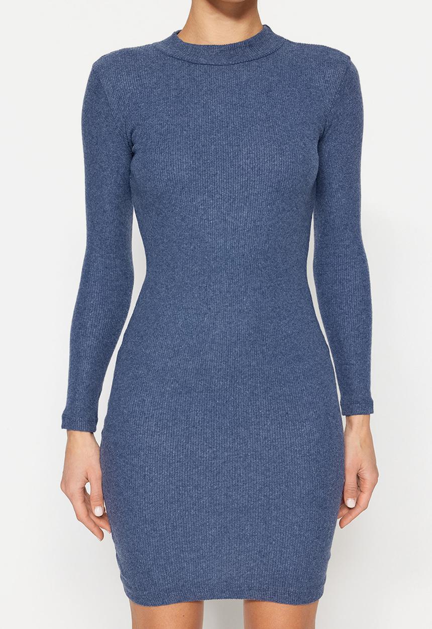 Trendyol - Mini half turtleneck ribbed stretch knit dress - indigo