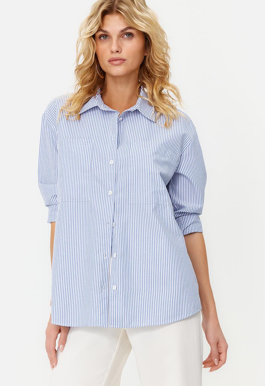 Trendyol - Striped oversize wide fit woven shirt  - navy blue