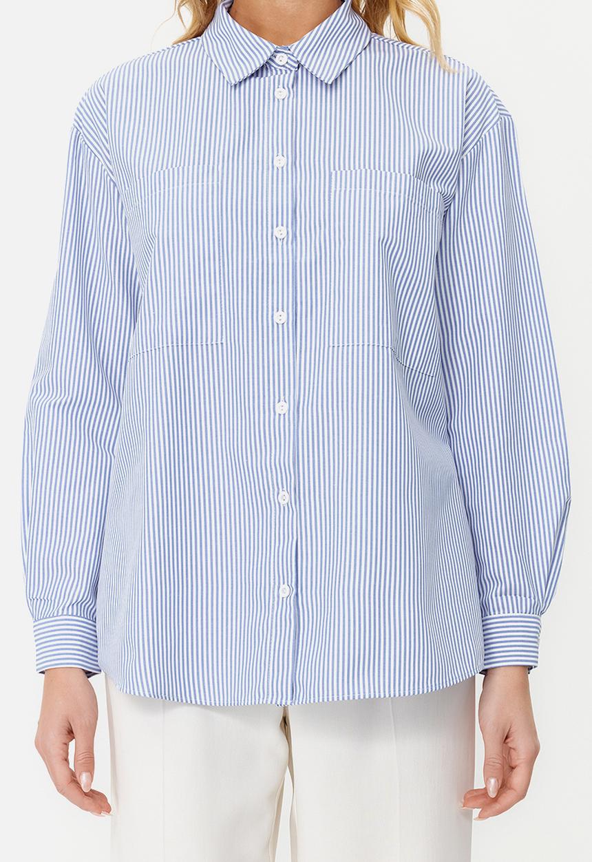 Trendyol - Striped oversize wide fit woven shirt  - navy blue
