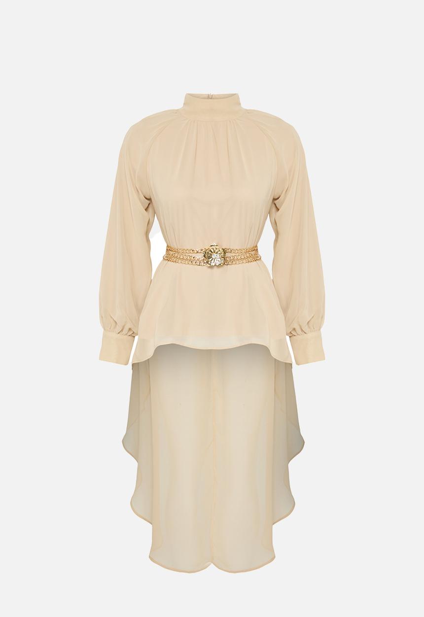 Trendyol -  beige button detailed asymmetric chiffon tunic - beige