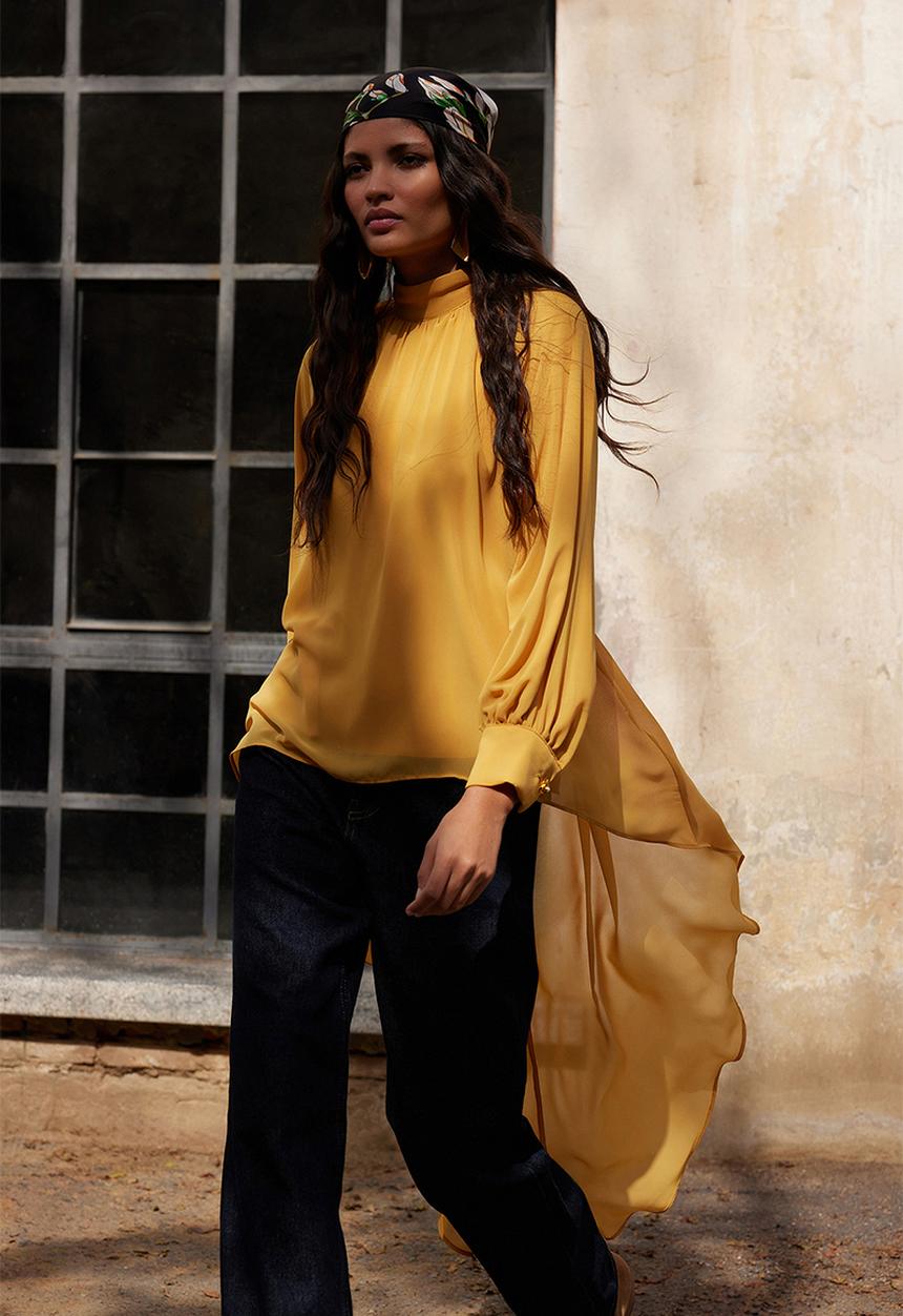 Trendyol - Floral button detailed asymmetric chiffon tunic - mustard