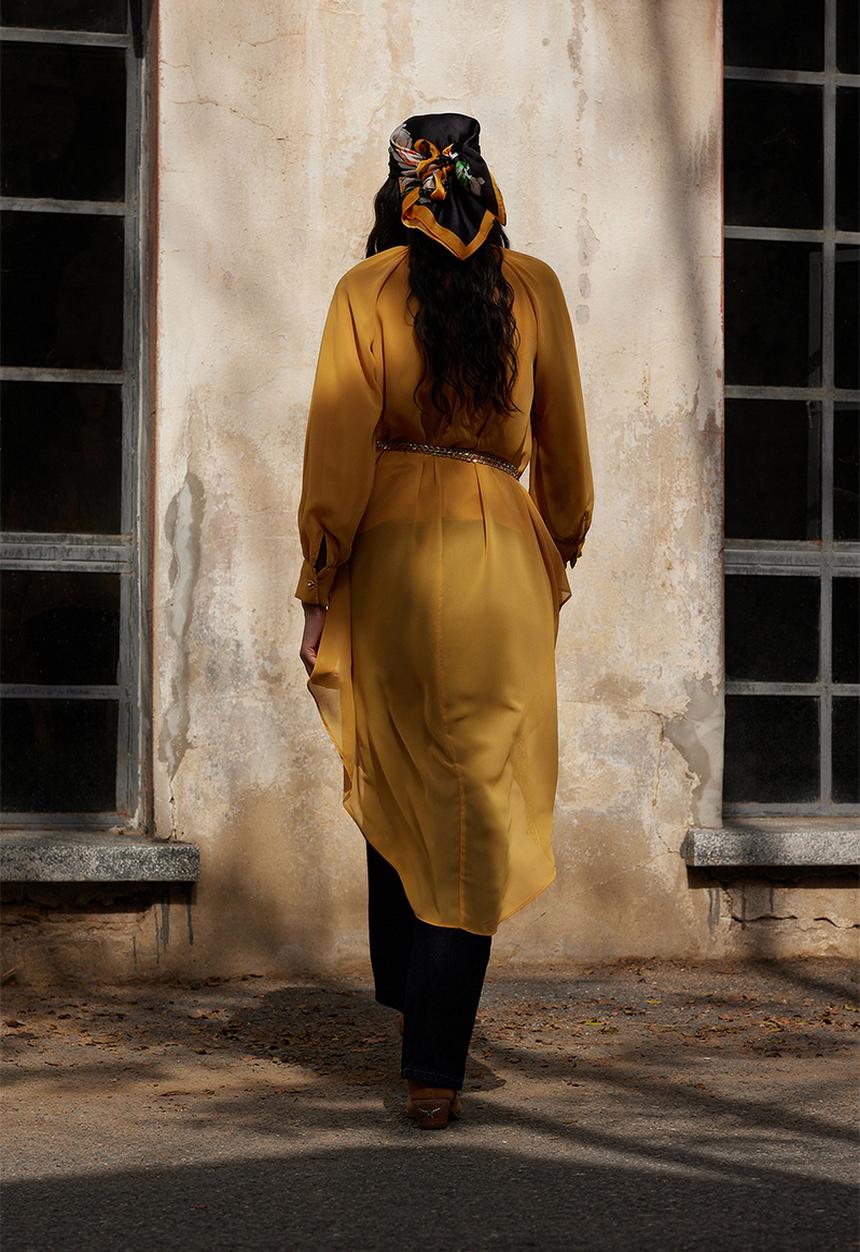 Trendyol - Floral button detailed asymmetric chiffon tunic - mustard