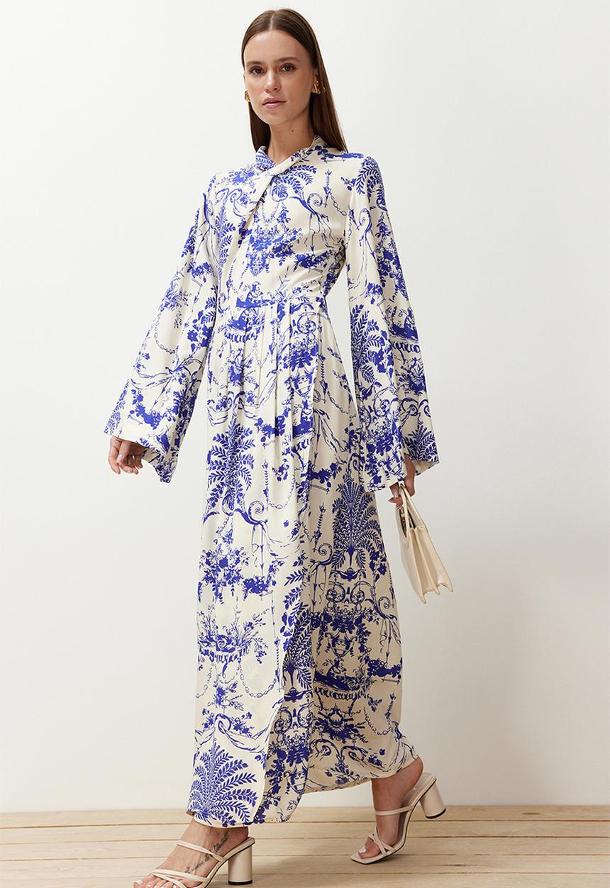 Trendyol - Patterned collar detail wide sleeve viscose woven dress - navy blue