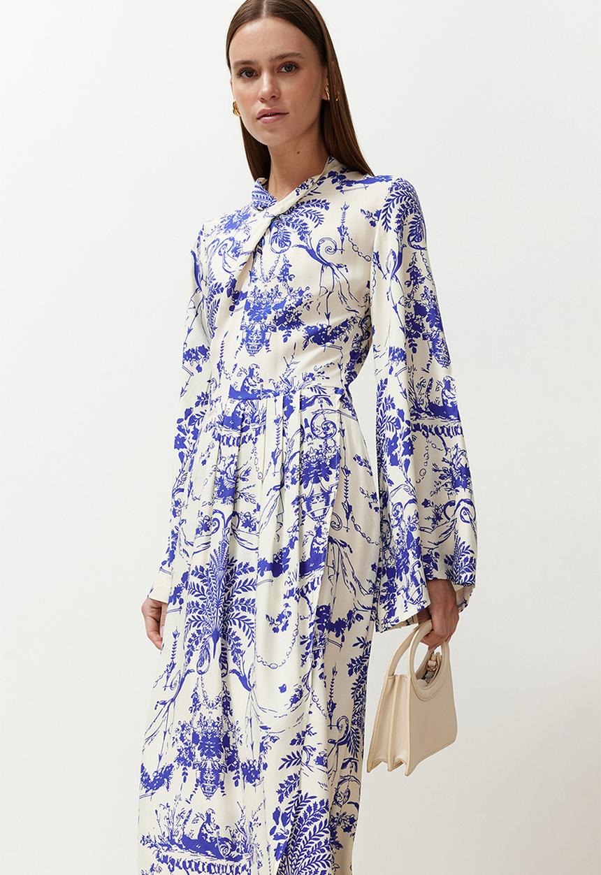 Trendyol - Patterned collar detail wide sleeve viscose woven dress - navy blue