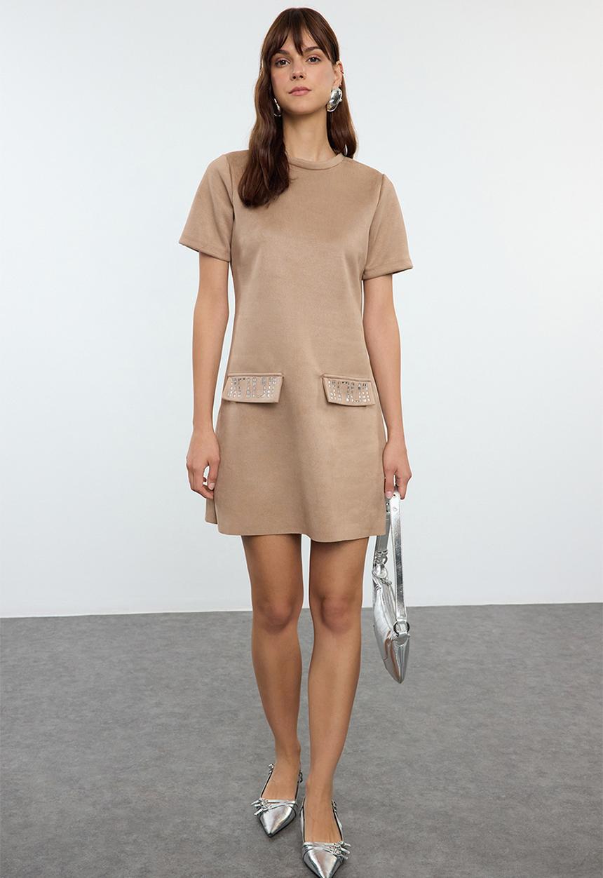 Trendyol - Crew neck shift mini suede knitted dress  - mink