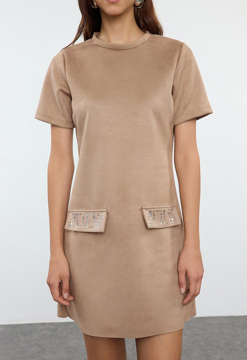 Trendyol - Crew neck shift mini suede knitted dress  - mink