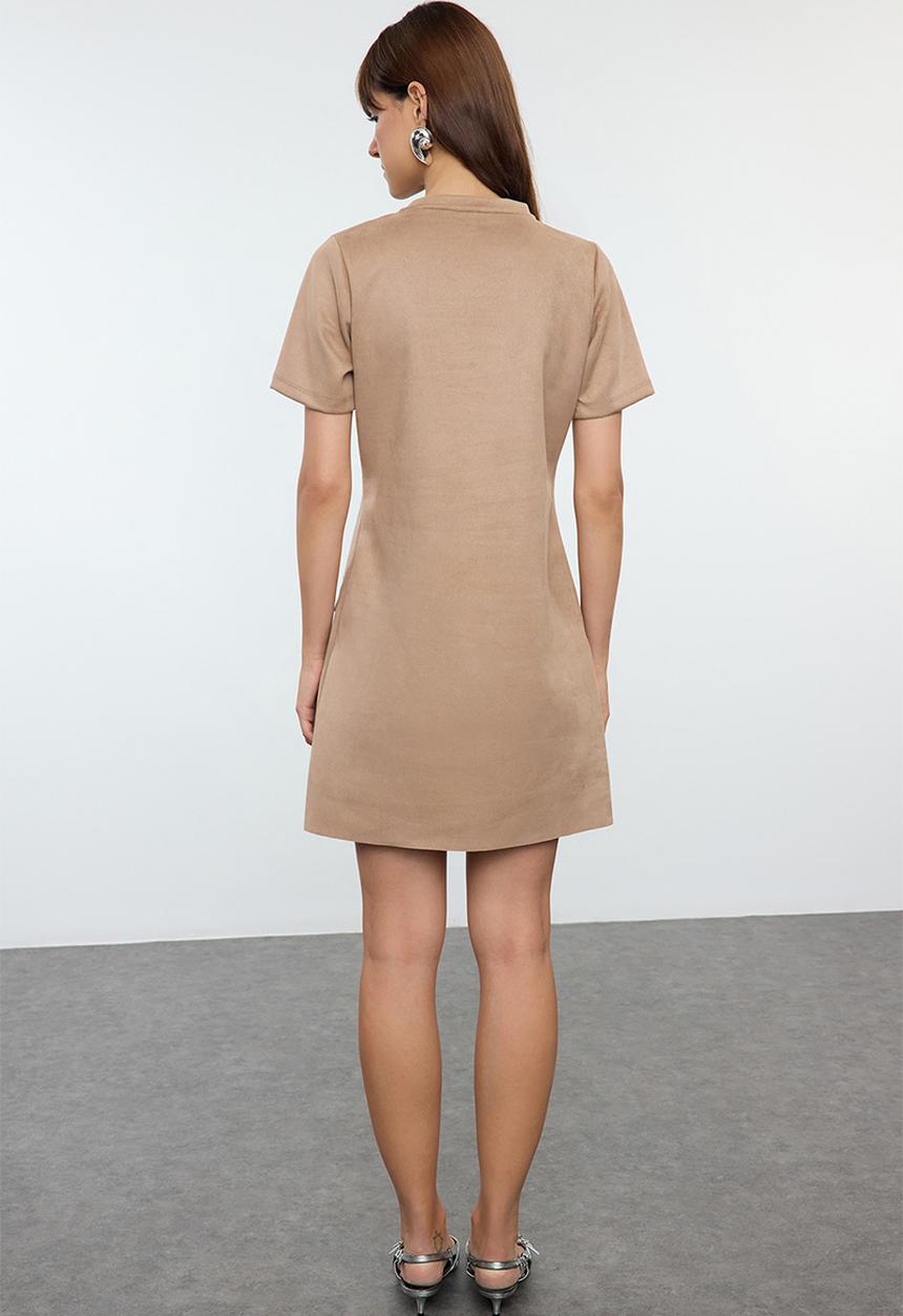 Trendyol - Crew neck shift mini suede knitted dress  - mink