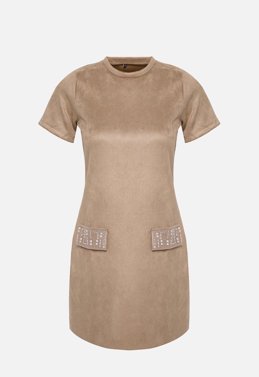 Trendyol - Crew neck shift mini suede knitted dress  - mink