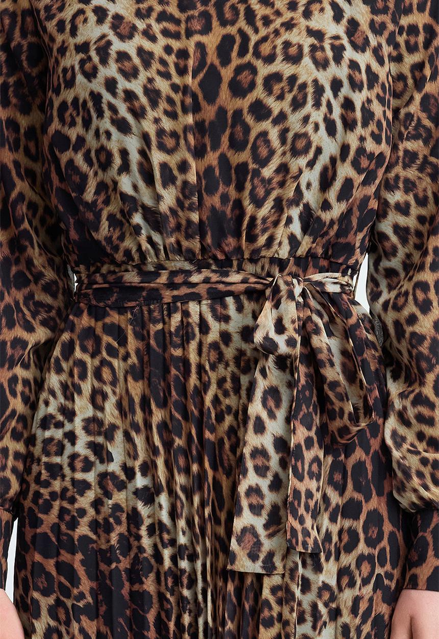 Trendyol - Leopard patterned belt detailed lined pleated chiffon woven dress - brown