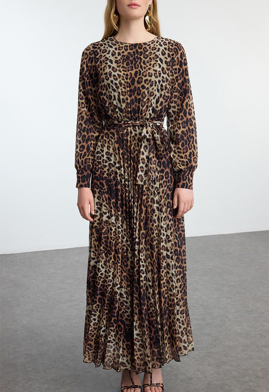 Trendyol - Leopard patterned belt detailed lined pleated chiffon woven dress - brown