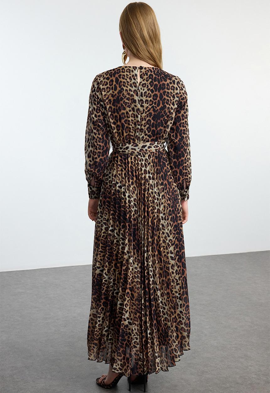 Trendyol - Leopard patterned belt detailed lined pleated chiffon woven dress - brown