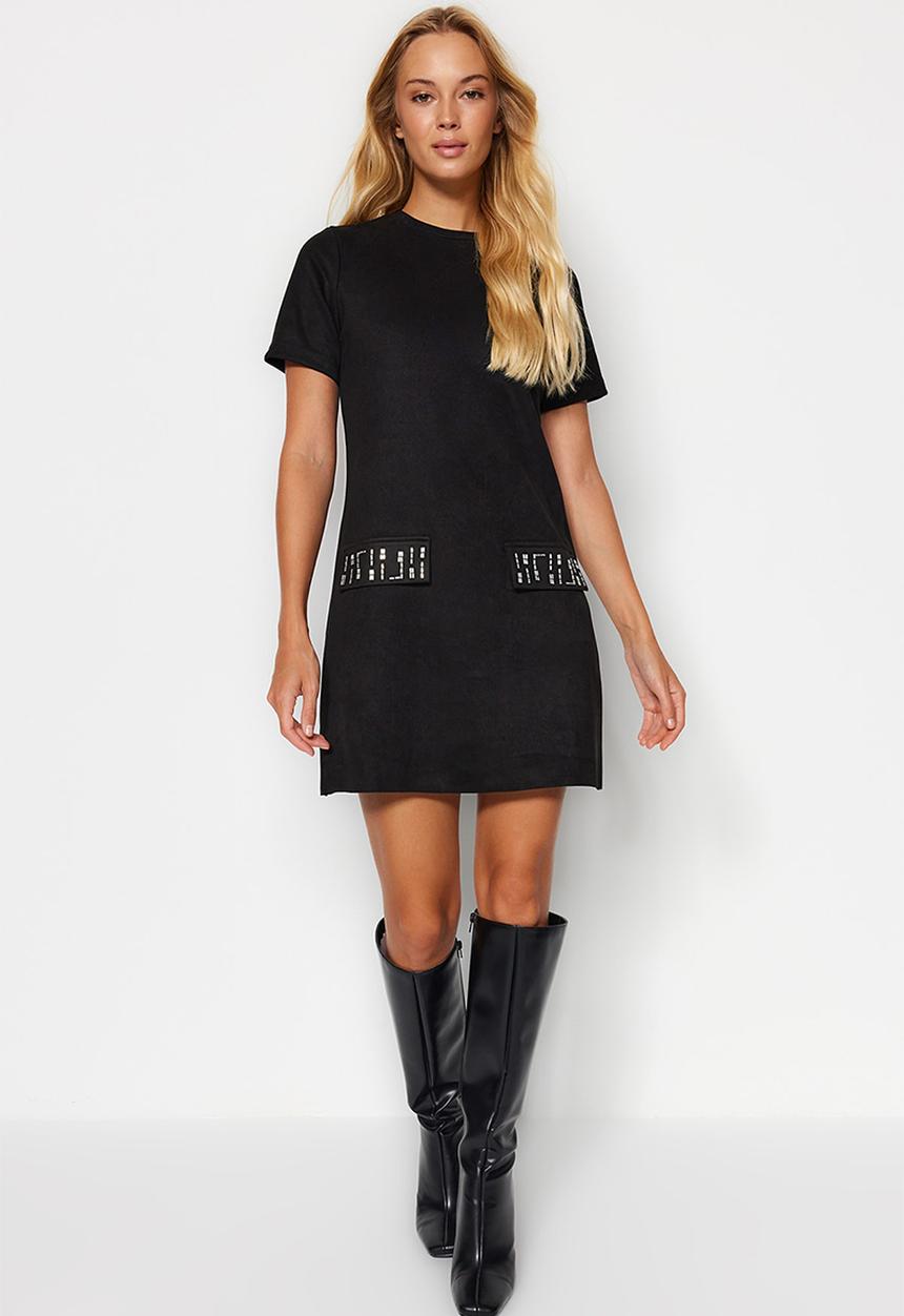 Trendyol - Crew neck stone detailed shift/straight mini suede knitted dress  - black