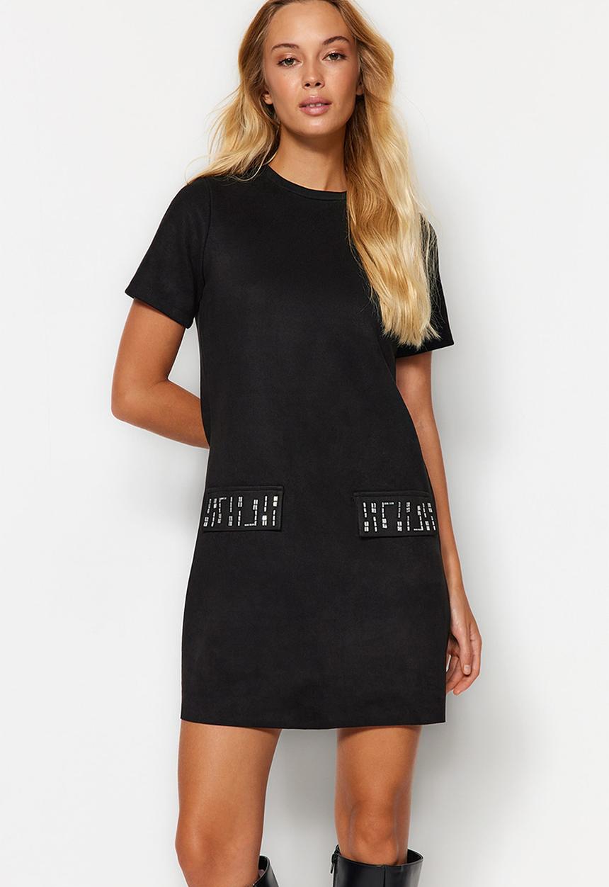 Trendyol - Crew neck stone detailed shift/straight mini suede knitted dress  - black