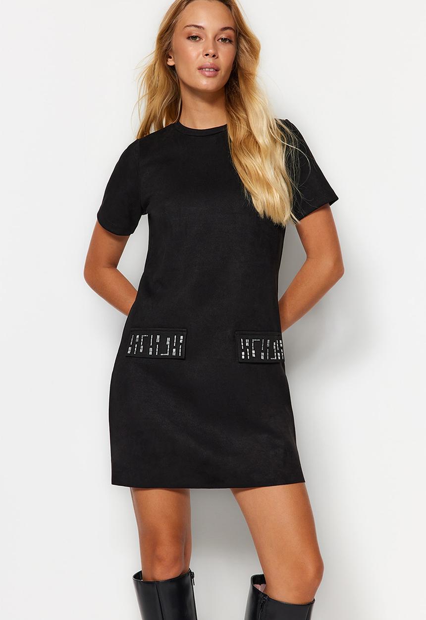 Trendyol - Crew neck stone detailed shift/straight mini suede knitted dress  - black