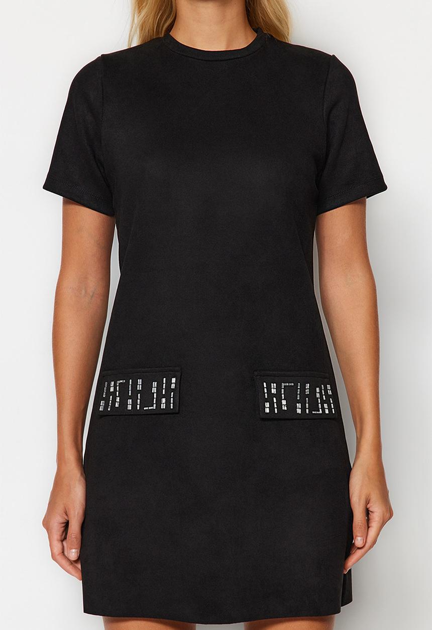Trendyol - Crew neck stone detailed shift/straight mini suede knitted dress  - black