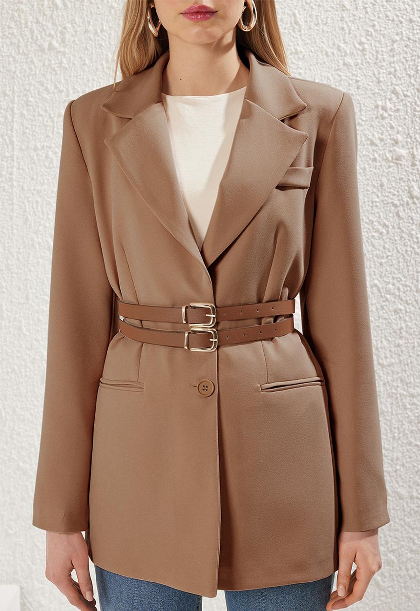 Trendyol - Brown double belted lined woven jacket - light brown