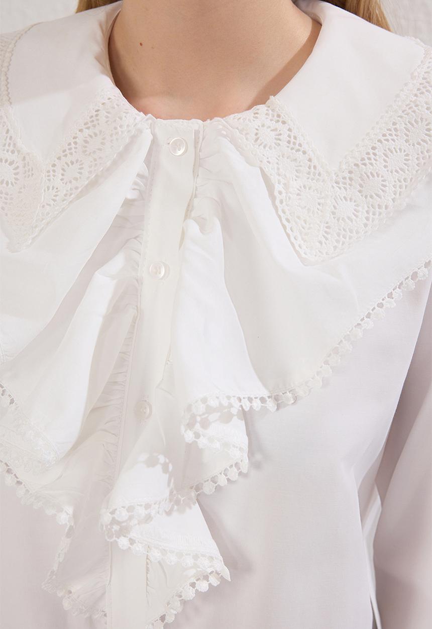 Trendyol - Collar Lace Front Ruffle Detail Woven Shirt - ecru