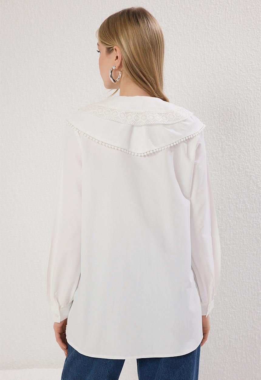 Trendyol - Collar Lace Front Ruffle Detail Woven Shirt - ecru