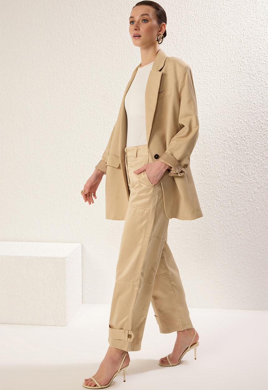 Trendyol - Wide leg soft gabardine woven trousers - beige