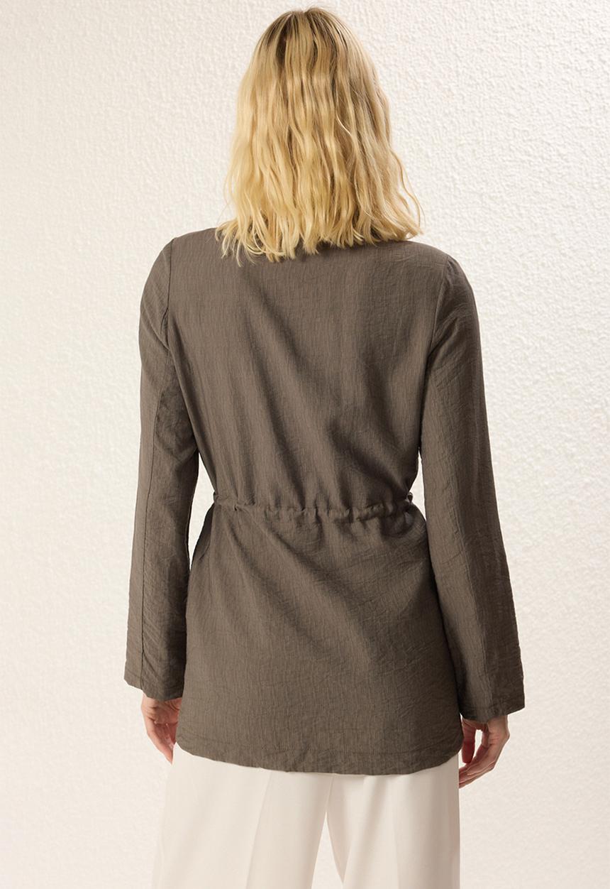 Trendyol - Waist hidden belted gathered woven blazer jacket  - khaki