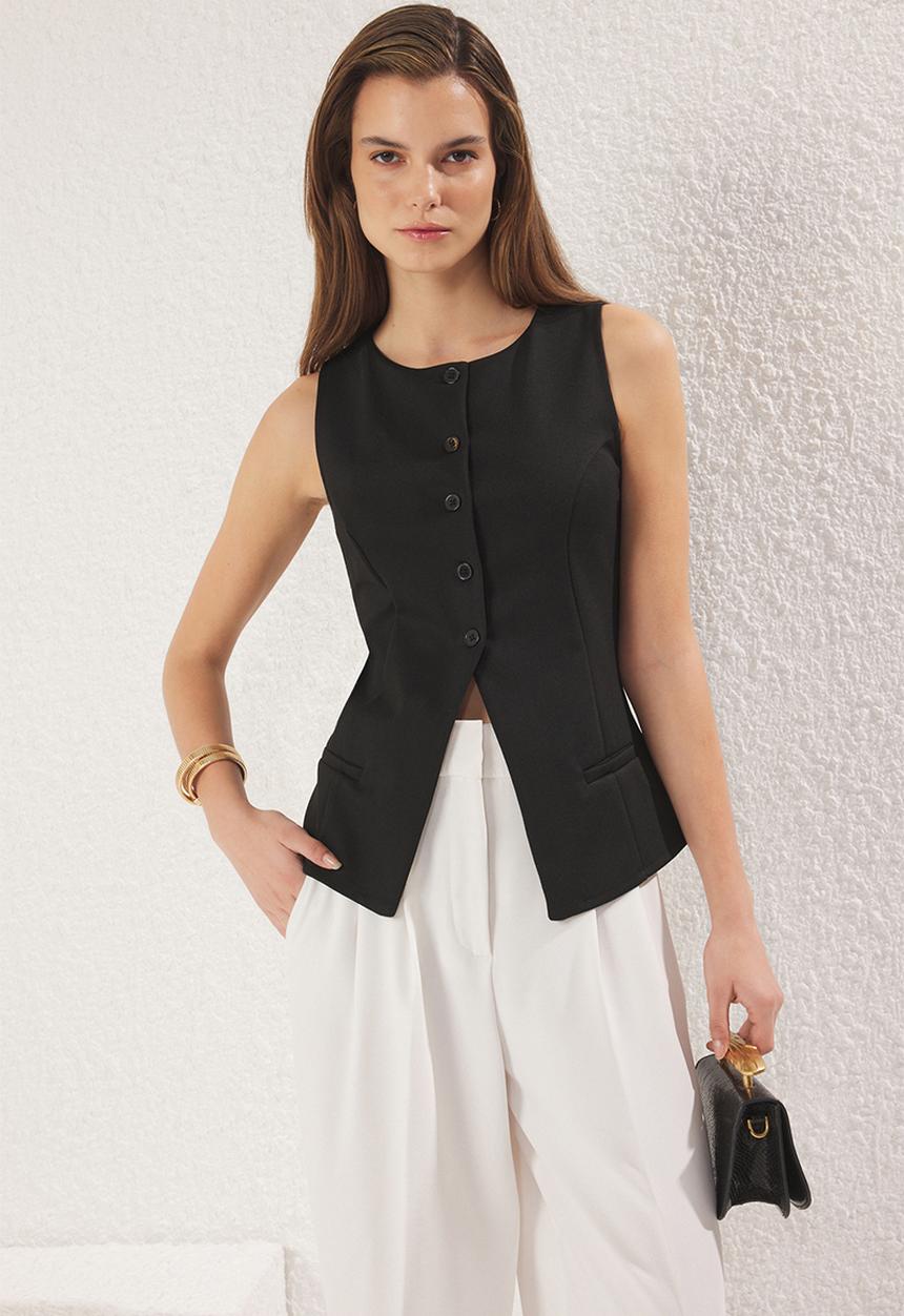 Trendyol - Fleto pocket detailed buttoned sleeveless blazer vest  - black