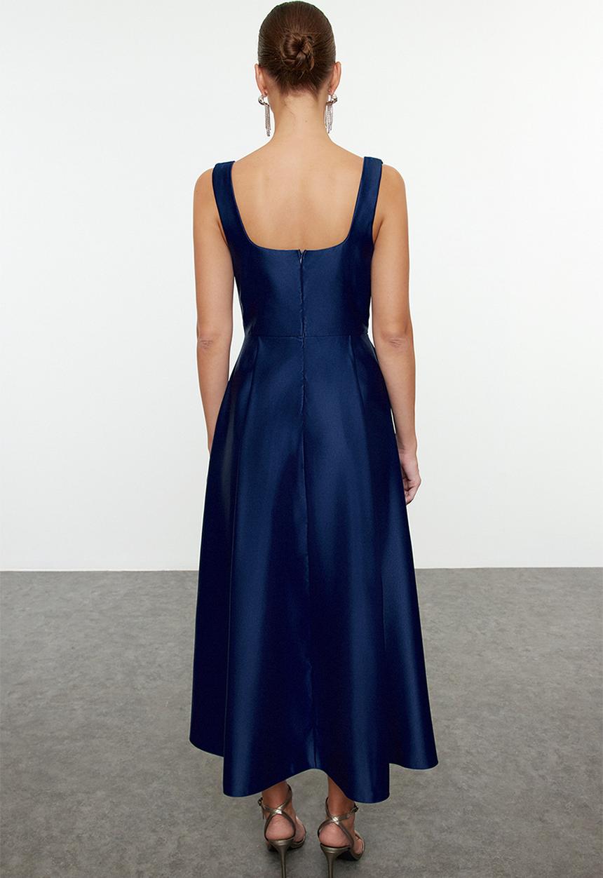 Trendyol - Blue a-line satin woven elegant evening prom dress  - navy blue