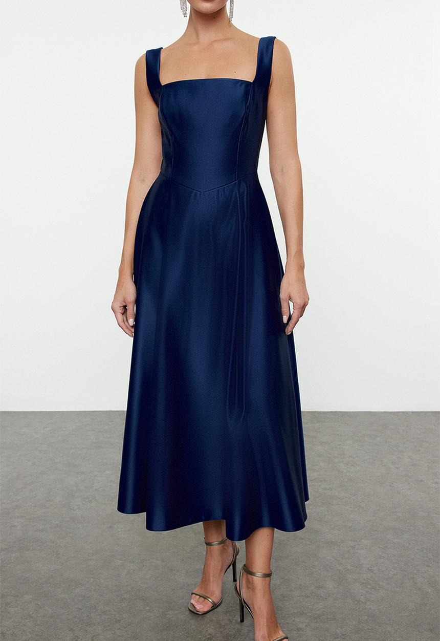 Trendyol - Blue a-line satin woven elegant evening prom dress  - navy blue