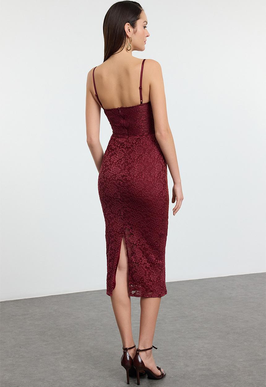 Trendyol - Lined lace knit midi evening prom dress - dark burgundy