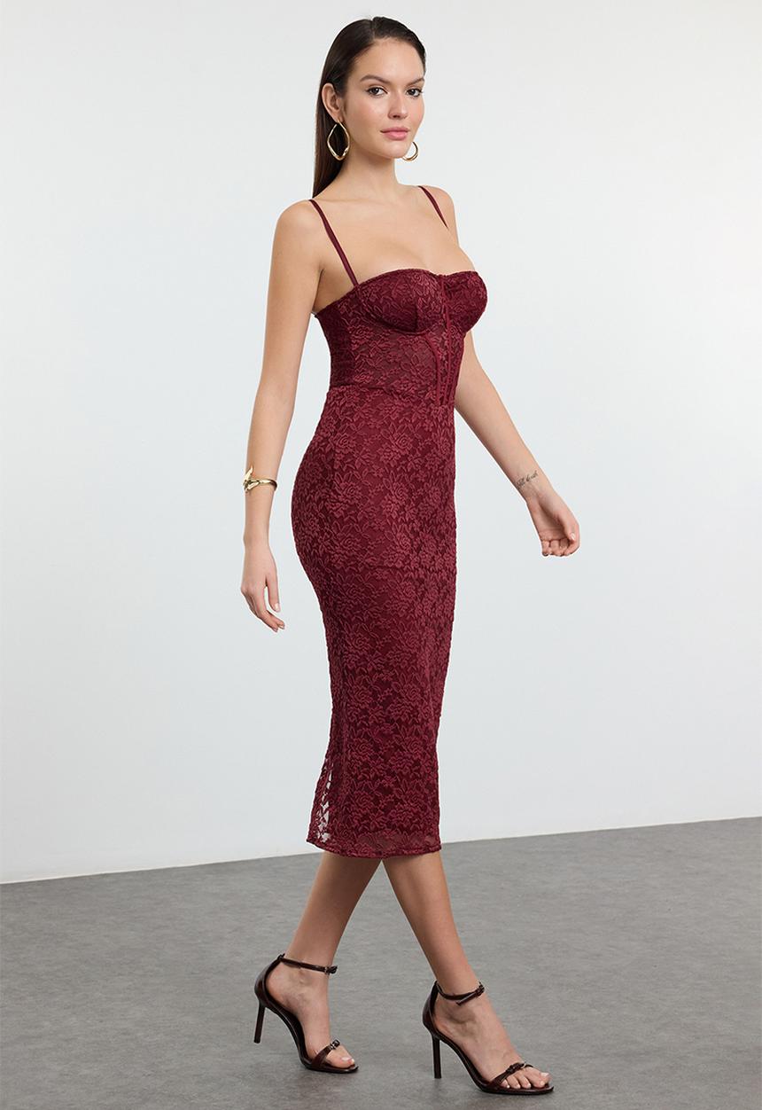 Trendyol - Lined lace knit midi evening prom dress - dark burgundy