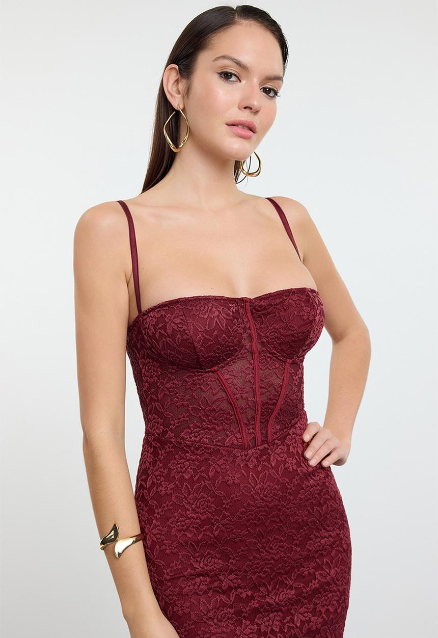 Trendyol - Lined lace knit midi evening prom dress - dark burgundy