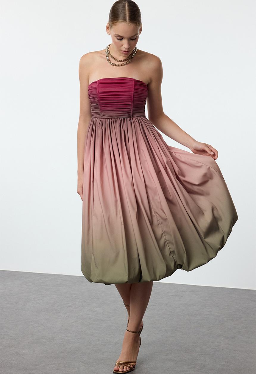 Trendyol - Gradient patterned balloon skirt detailed poplin evening prom dress  - very colorful