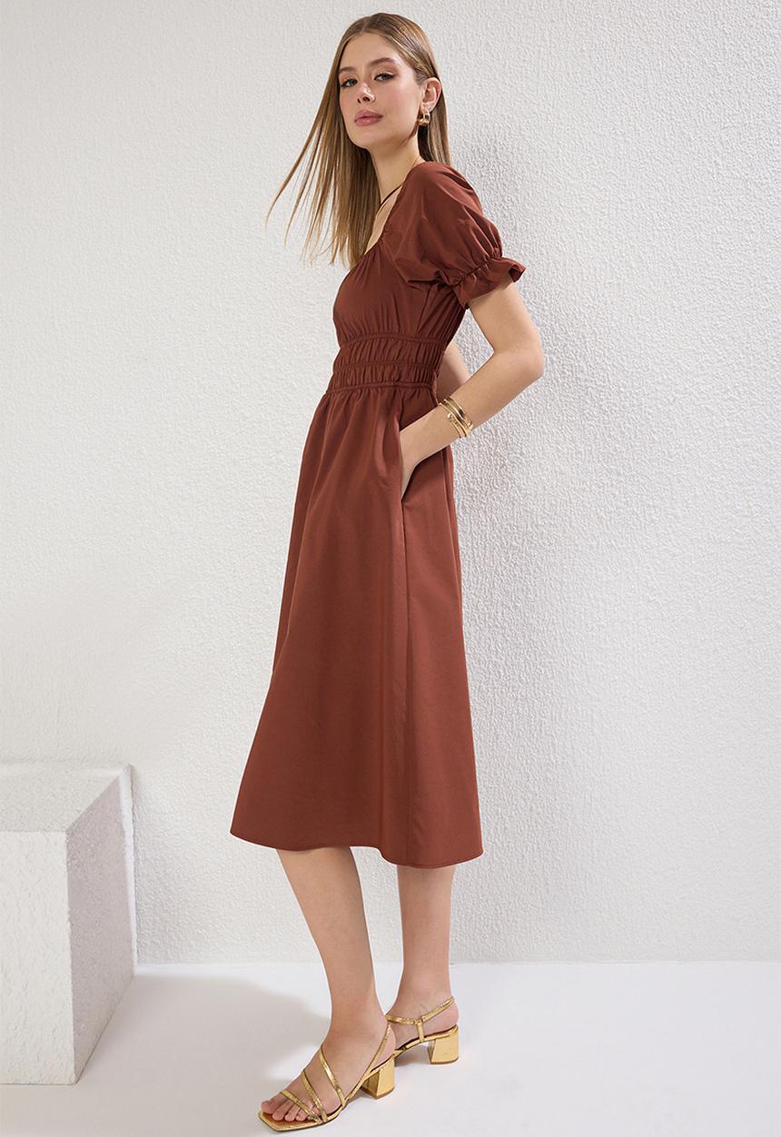 Trendyol - Plain Skirt Elastic Waist Lined Midi Woven Dress - Dark Brown