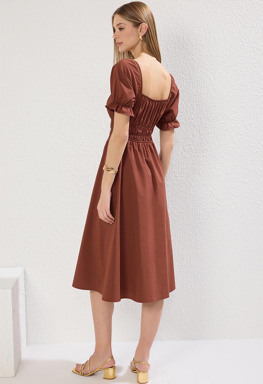 Trendyol - Plain Skirt Elastic Waist Lined Midi Woven Dress - Dark Brown