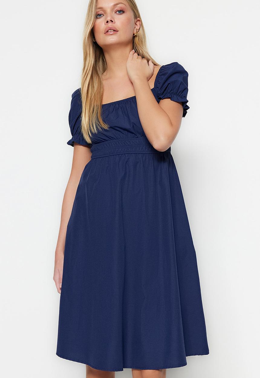 Trendyol - Balloon sleeve lined midi woven dress - navy blue