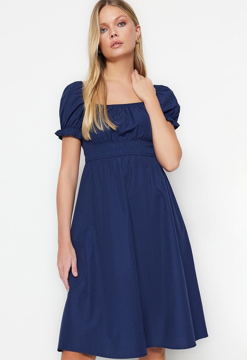 Trendyol - Balloon sleeve lined midi woven dress - navy blue