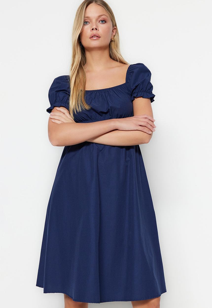 Trendyol - Balloon sleeve lined midi woven dress - navy blue