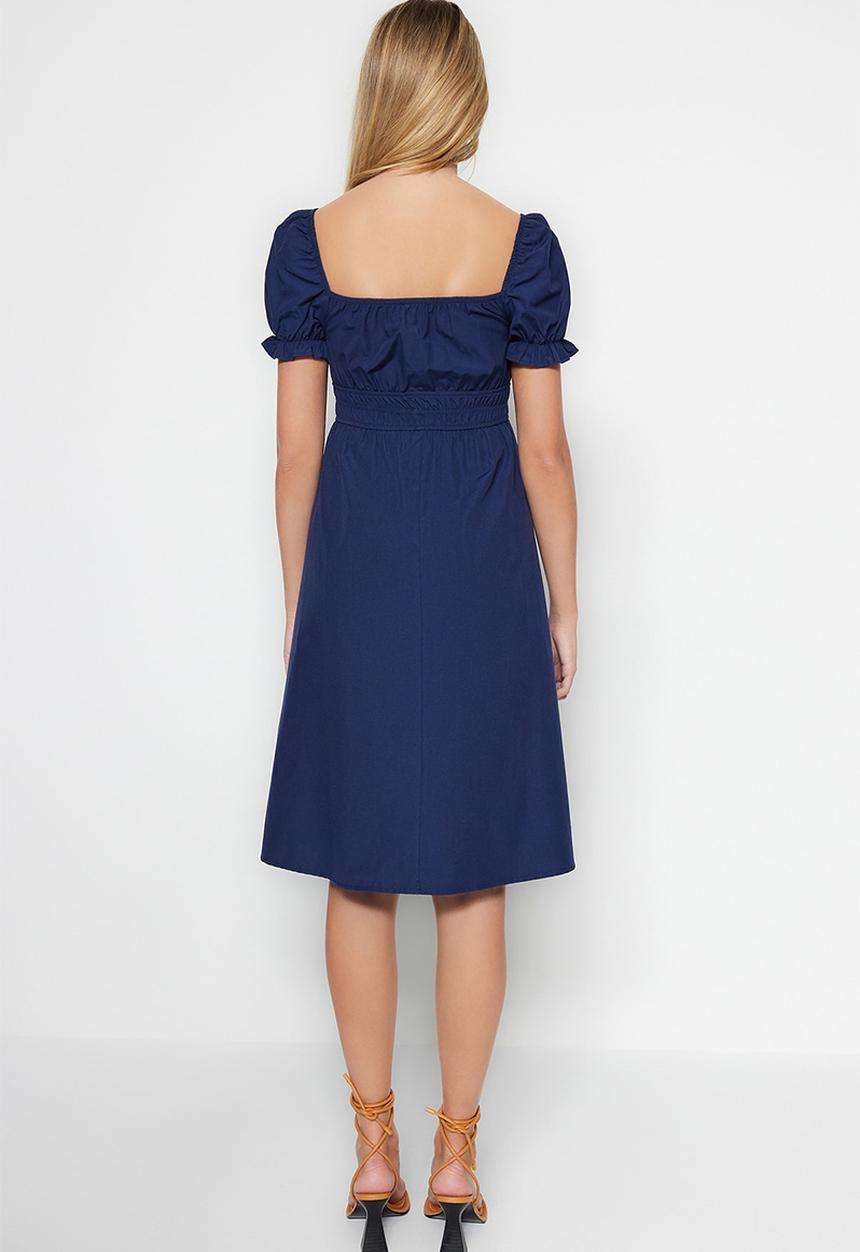 Trendyol - Balloon sleeve lined midi woven dress - navy blue