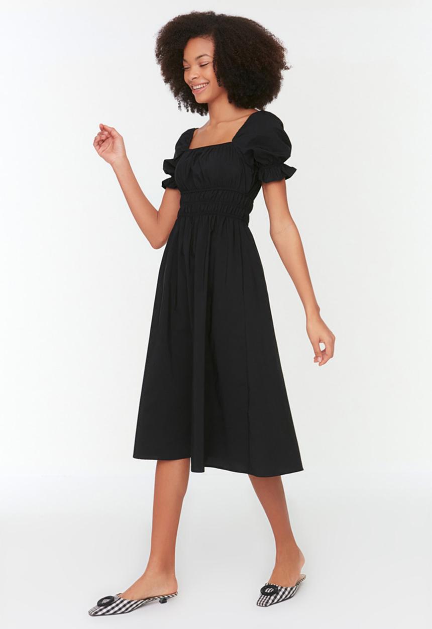 Trendyol - Balloon sleeve lined midi woven dress - black