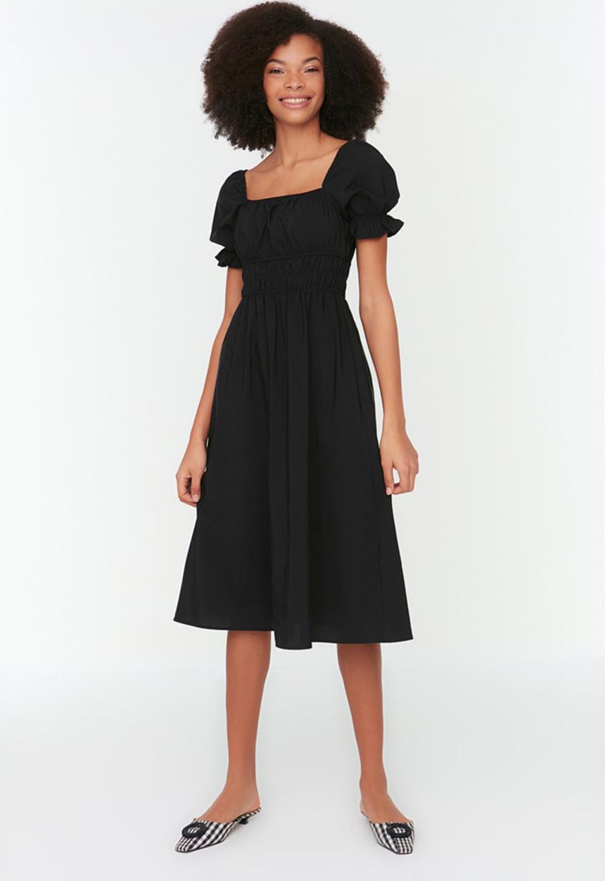 Trendyol - Balloon sleeve lined midi woven dress - black