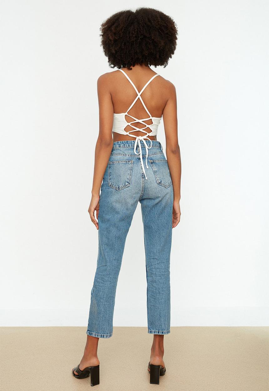 Trendyol - Ripped detailed high waist straight jeans - blue