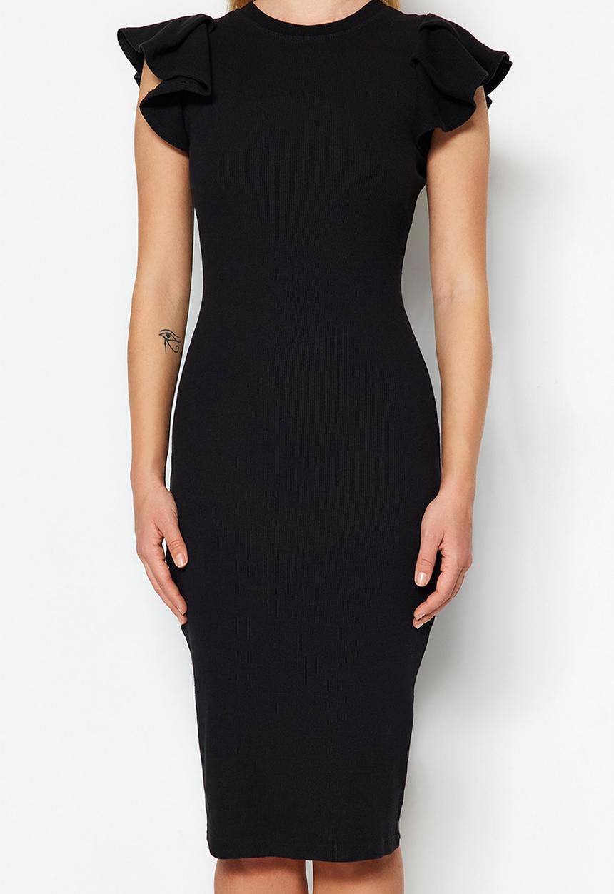 Trendyol - Ribbed sleeves flounced bodycone/fitted midi flexible knitted pencil dress  - black