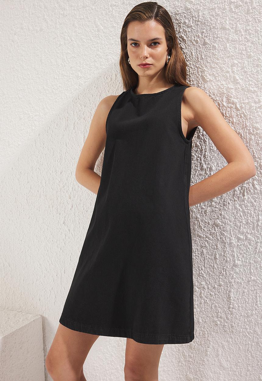 Trendyol - Black flounce oversize mini denim dress  - black