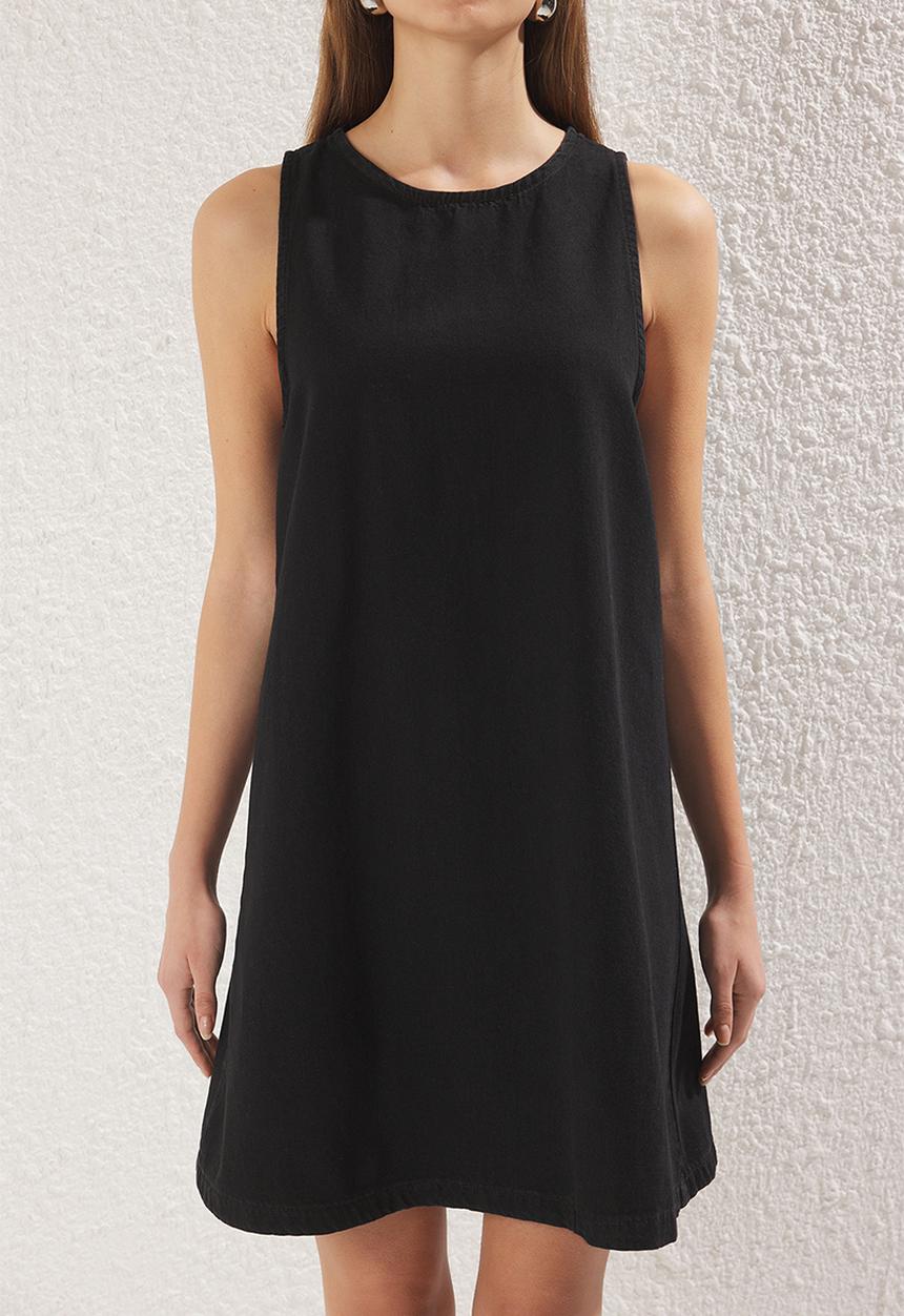 Trendyol - Black flounce oversize mini denim dress  - black